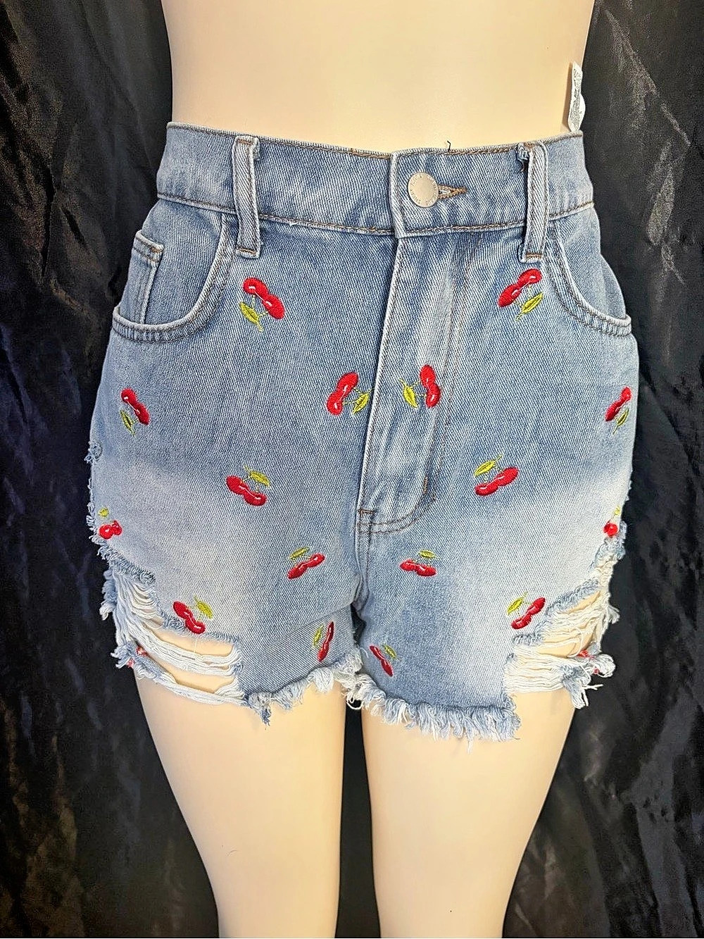 SHEIN Distressed Printed Denim Jean Shorts Blue 2XL